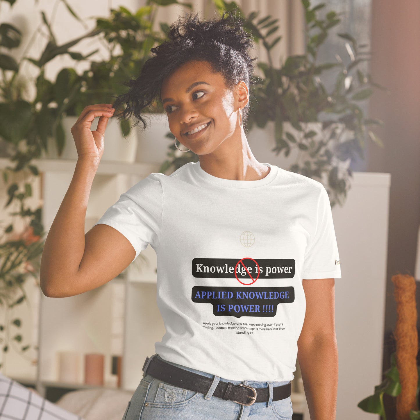"Knowledge is power" white Short-Sleeve Tee-Shirt (blue design)